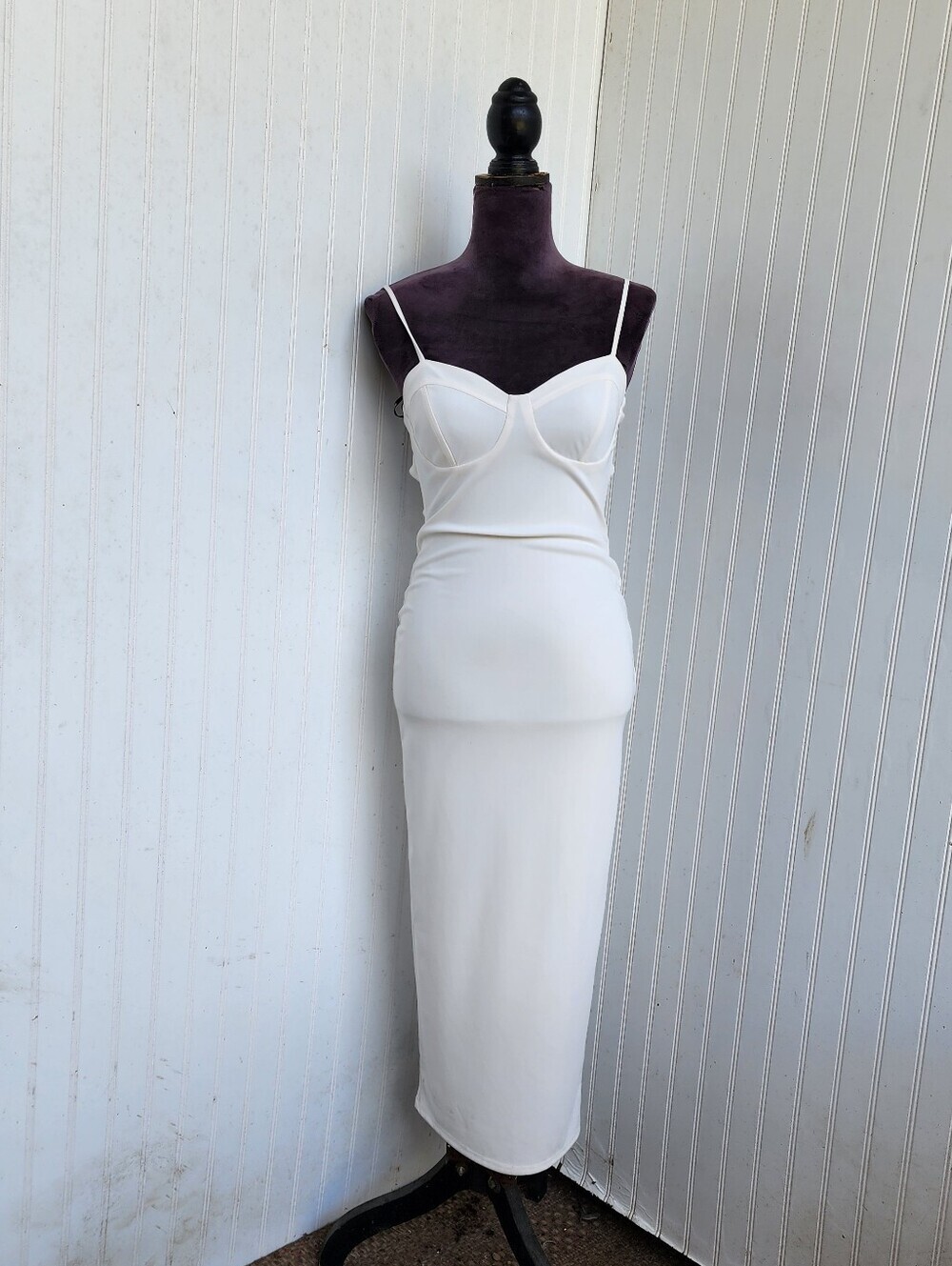 Forever 21 Stretch Corset Dress White Cottagecore Fitted Maxi Open Back Sz S